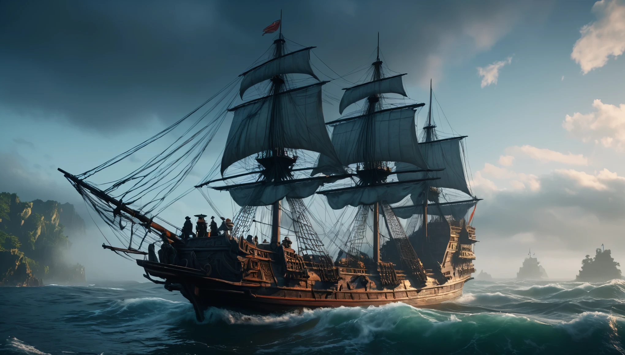 a privateer ship in the 1700s, detailed sea fort, asian soldier, dramatic lighting, cinematic composition, epic scale, realistic, photorealistic, best quality, 8k, masterpiece, ultra-detailed, vivid colors, dramatic lighting, volumetric fog, ocean waves, detailed textures, intricate details