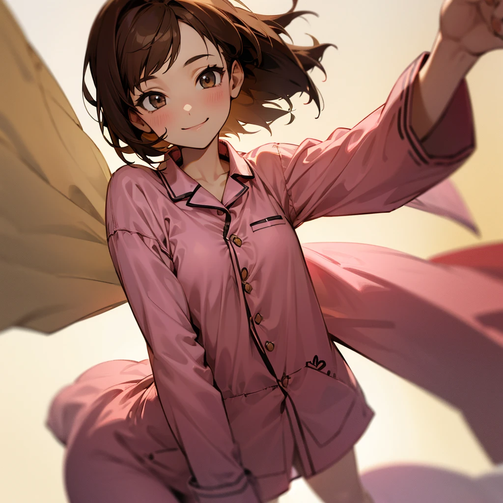 One Girl,chest, smile, Brown Hair, short hair, pajamas,bright
