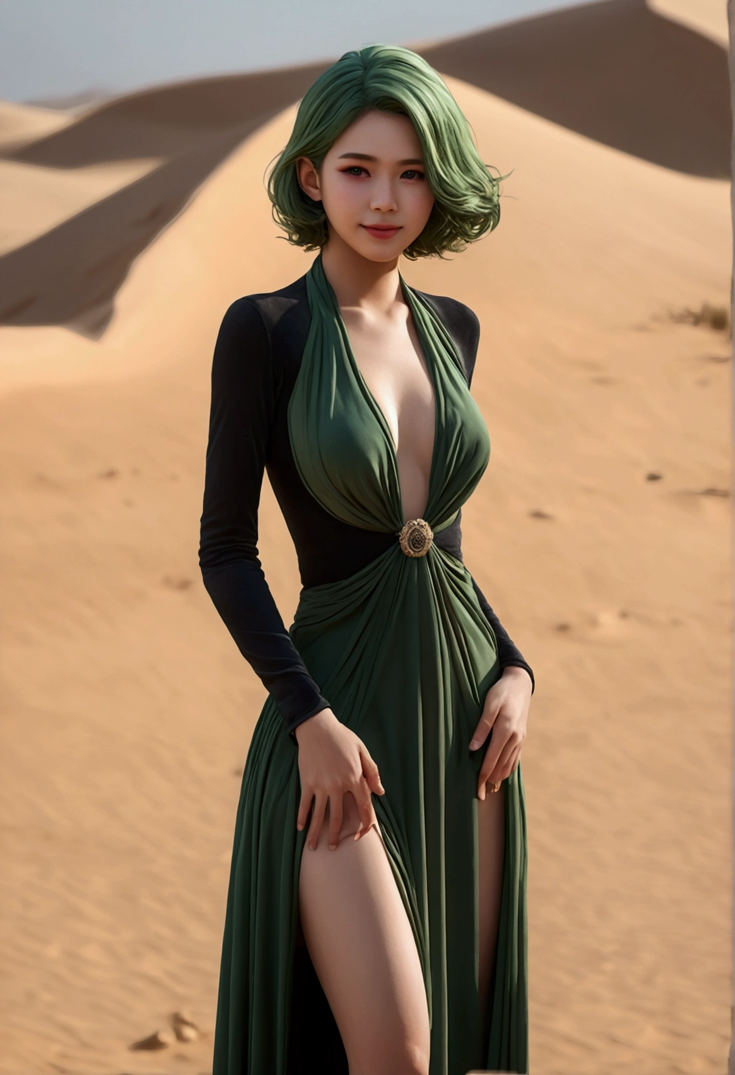 (work of art, best qualityer:1.4), (whole body), 1 girl, standing alone, out, in a desert with sand and dust, tatsumaki, (pelvic curtain:1.2), long sleeves, black gown, (hair green), shorth hair, medium breasts, beautiful smiling, beautiful face, high-detailed face, highly-detailed eyes, highly detailed skin, skin pore, underground dispersal, realisitic pupils, full-face blush, fleshy lips, Depth of field, volumetric lighting, sharp focus, absurderes, realisitic proportions, good anatomy, (realisitic, hyperrealisitic:1.4), 16k hdr