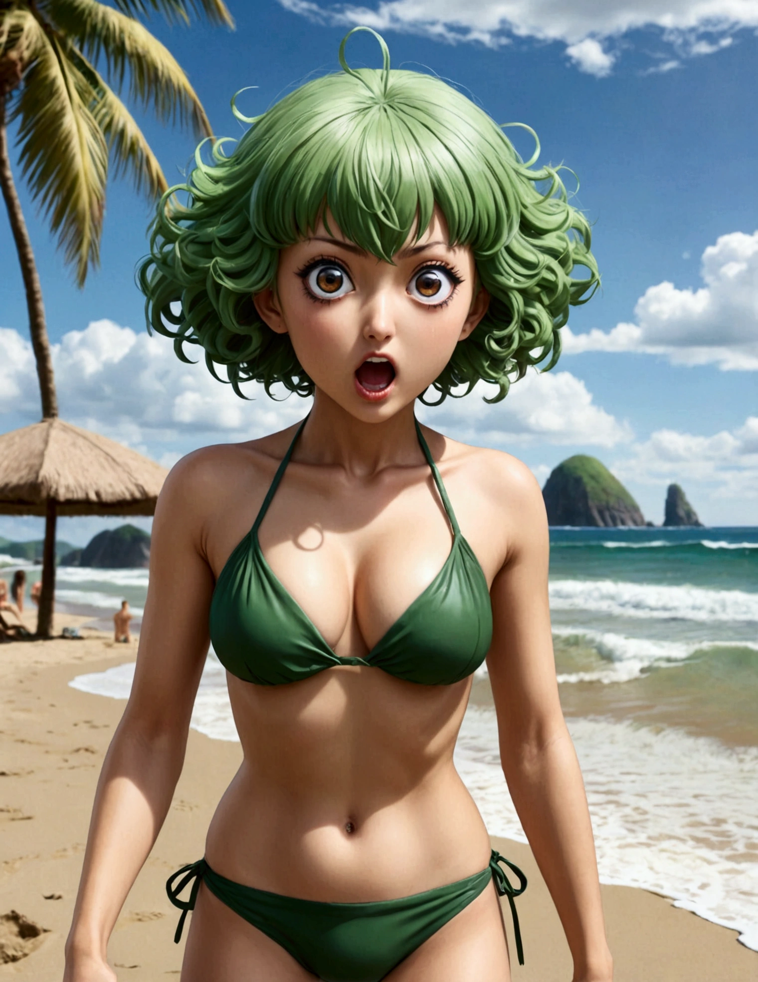 One Punch Man Tatsumaki (hyper realistic, age 17, big eyes, sexy 2 piece bikini) yelling at Saitama (second subject: Saitama, pasty complexion, no shirt, swim trunks, looking confused), beach
