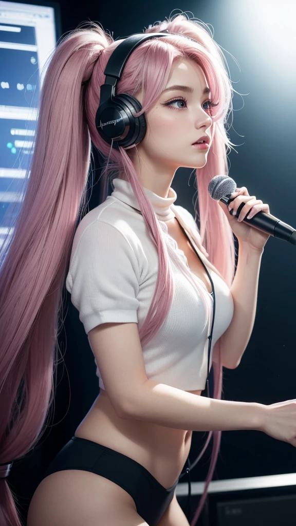 (A photo of a beautiful girl in fashionable casual clothes wearing headphones and singing into a recording microphone in a recording studio was posted on social media.) (The beautiful girl is 17 years old, 18% Japanese, 26% French, and 56% Ukrainian, 178 cm tall, small bust but stylish, with a beautiful, well-balanced figure.) (Her hair is pink ash gray and super long, tied in twin tails with black ribbons, and curls in a spiral toward the tip.) (Her eyebrows are the same color as her hair, thin, slightly thick and short, and her eyelashes are long.) (Her large blue eyes reflect the light of the lighting and are amazingly beautiful like pearls.) (Her nose is high like an English person, her lips are plump and shaped so that you want to kiss them, her skin is translucent white, and the balance between her head and face is in line with traditional Japanese aesthetics.) Her hands should have five fingers. Furthermore, even her nails are drawn very delicately. (Single, Masterpiece, Ultra Detailed, Highest Quality, Artistic Composition, Ultra Precision, Realistic, Photorealistic, High Resolution, Dynamic Lighting Effects, Golden Ratio, Surreal). Try your best to meet all these criteria.