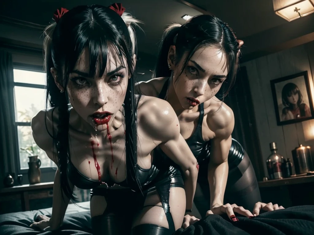 (((red dripping blood))), ((1 female vampire with sharp perfect fangs)), (She is sucking on a man's penis to the hilt), she is biting into a man's penis with her sharp fangs intense, super slutty,, POV imamate insertion, (skintight slutty and revealing bodysuit), helpless and at a giantesses mercy ,the 2 women are looking down at you at their feet, ((POV from a Giantess's soon to be human dildo)), ((skirt/pantyhose)), perfect legs and skinny thighs, pantyhose, ((perfect tight ass)), tight wet pussy, giantess, dread, impending death, sex, domination, ((Perfect eyes and face)), ((closed wet full lips)), ((perfect hands and fingers)), ((( a lot of white cum is dripping out of her pussy))), ((she has a skinny and toned strong body)), ((makeup)), ((freckles)), ((perfect eyebrows)), ((sharper edges)), ((perfect scary grey eyes)), perfect intimidating face, slut, sadistic, predatory, better detail on her skin, perfect face and strong jawline, perfect full wet lips, sadistic atmosphere, wet sweaty skin, more detail, beautiful intimidating grey eyes, ((beautiful horror)), better lighting, more toned muscles, perfect detail on her intimidating eyes, very tight underwear, ((tight pussy)), (((tighter clothing))), slutty, intense, perfect detail, tight and sexy, ((piercings)), skinny, skinny and strong, more skin showing, intense, slutty, freckles, long skinny perfect legs, scary and intense, she is a skinny and toned 25 year old sexy and perfect and intimidating Japanese/American skinny/tone futuristic evil retribuition alice, pale white skin, eye contact, (full tall body is shown), (((hair with short ponytails and bangs))), , perfect face and eyes, she has a skinny and athletic body wearing pantyhose, only her full body is shown above the viewer looking down at him, perfect face, perfect strong jawline, perfect lips, best resolution, perfect bone structure, femdom, she has a skinny and toned young perfect body and legs, tight stockings