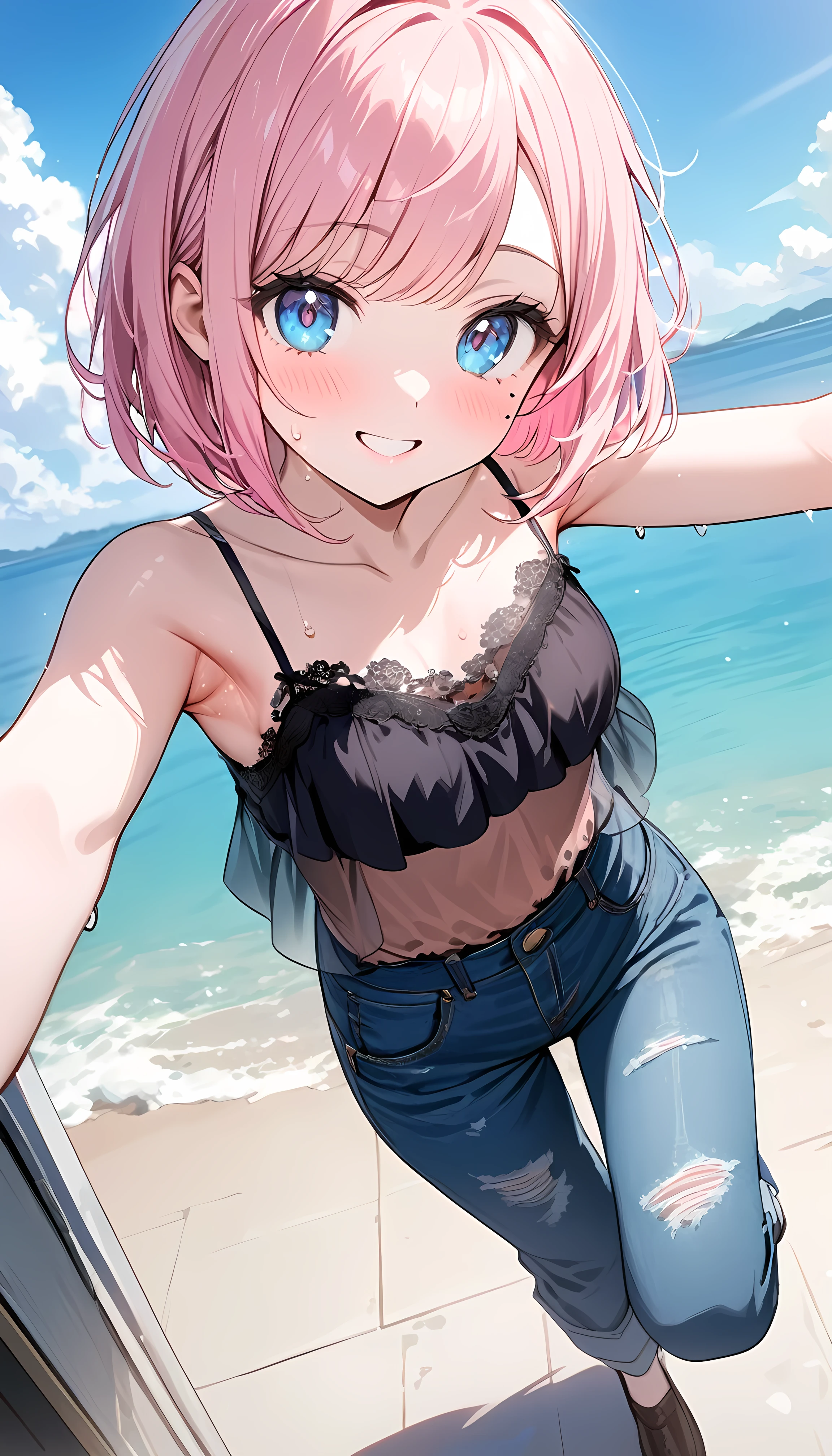 (1 girl),(Best Picture Quality, 8K, Masterpiece:1.3), (high school student:1.5), ((pink lob hair:1.1)), (bob cut),(swept bangs), (cute eyes, pupil black, iris skyblue, youthful face), (mole under right eye), (standard weight), (small breasts), (glistening skin:1.1),(pale skin:1.2),((showing armpits)),(Smile:1.2),((sweat:1.1)),(from above),(morning), BREAK,(Cool and breezy outfit:1.5), (Sheer material blouse:1.4), (Denim pants:1.4), (Layered style:1.4), (Lace camisole inner layer:1.4),