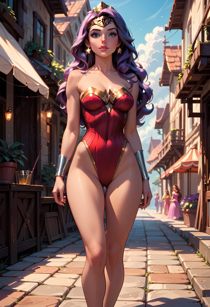 1 girl, Alone, (Disney Princess Belle:1.3), exhausting (wonder woman costume:1.2), (three quarter shot:1.1), in town, cinematic lighting. leotard, bare legs,