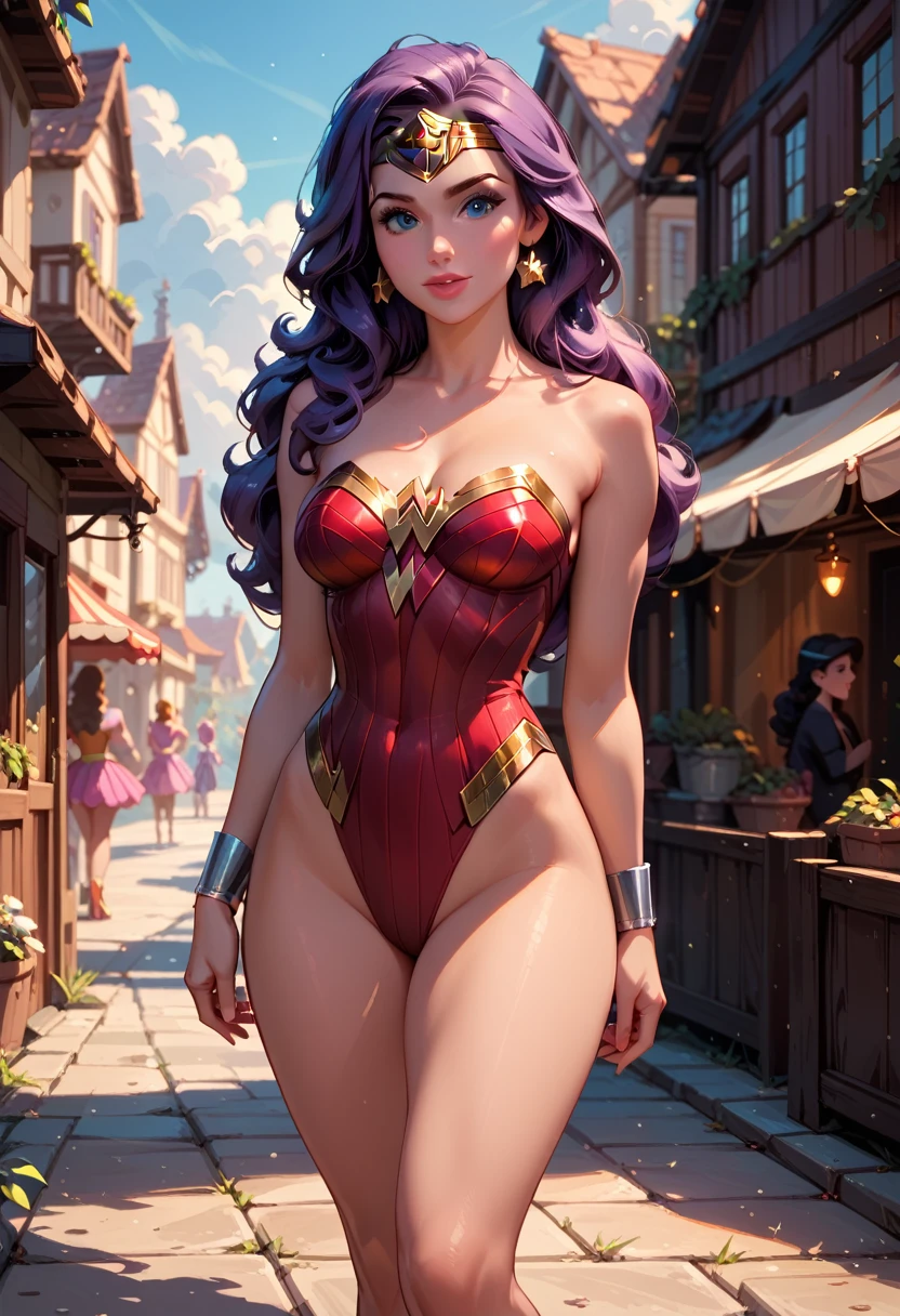 1 girl, Alone, (Disney Princess Belle:1.3), exhausting (wonder woman costume:1.2), (three quarter shot:1.1), in town, cinematic lighting. leotard, bare legs,