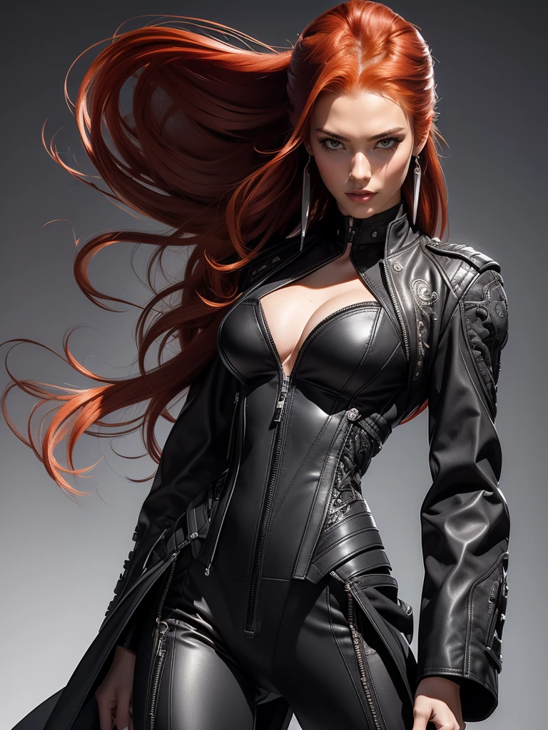 Beautiful woman , fair skin , extremely long hair , ((red hair:1.3)) , elegant, mature woman , golden eyes , hair in a ponytail, big chest , long eyelashes, eyeliner , full lips , super model looks ,
Wearing an outfit with futuristic elements, seamlessly blended with the Final Fantasy universe. wears a tailored, military-inspired jacket in deep charcoal, adorned with intricate, laser-cut leather panels that reveal glimpses of metallic silver underneath. The jacket features sharp, angular lines and exaggerated lapels, Underneath, he sports a form-fitting, high-necked bodysuit in a deep shade of amethyst, with intricate embroidery . tailored trousers in charcoal gray, with sleek metallic accents and pockets, Waist up portrait, white background In art style of Olivier Coipel, Tom of Finland, Sean Platter and J Scott Campbell --ar 3:4 --style scenic --niji 5
