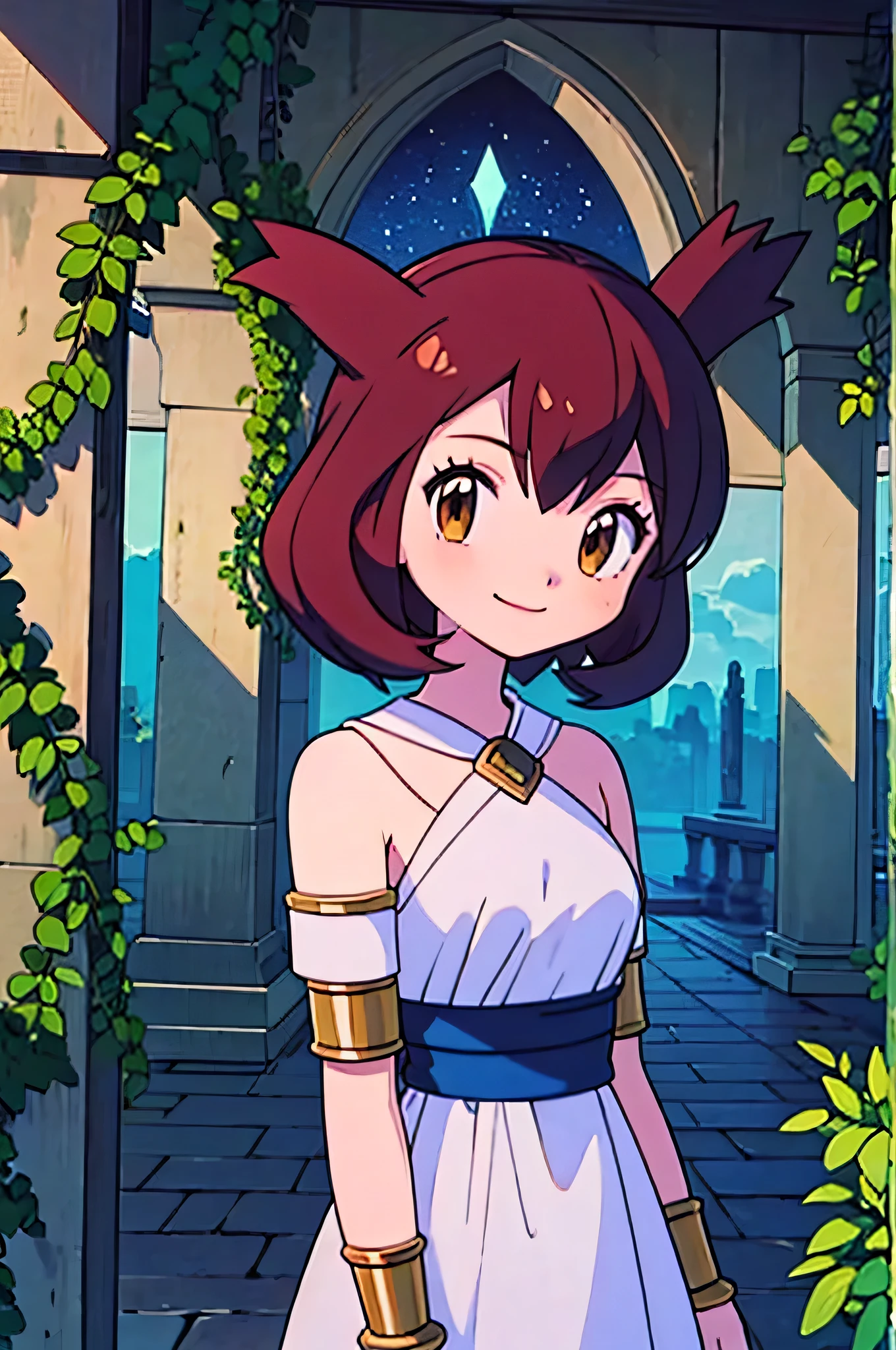 masterpiece, best quality, ultra-detailed, illustration, beautiful detailed eyes, very detailed illustration, cinematic lighting, 1 girl, solo, Pokemon Heroes (Bianca), Brown Hair, brown eyes, bare shoulders, greek clothes, peplos, armlet, arch, pillar, standing near a mansion, overgrown, vines, blue sky, arms at sides, smile, Close up portrait, looking at viewers, far from the bottom