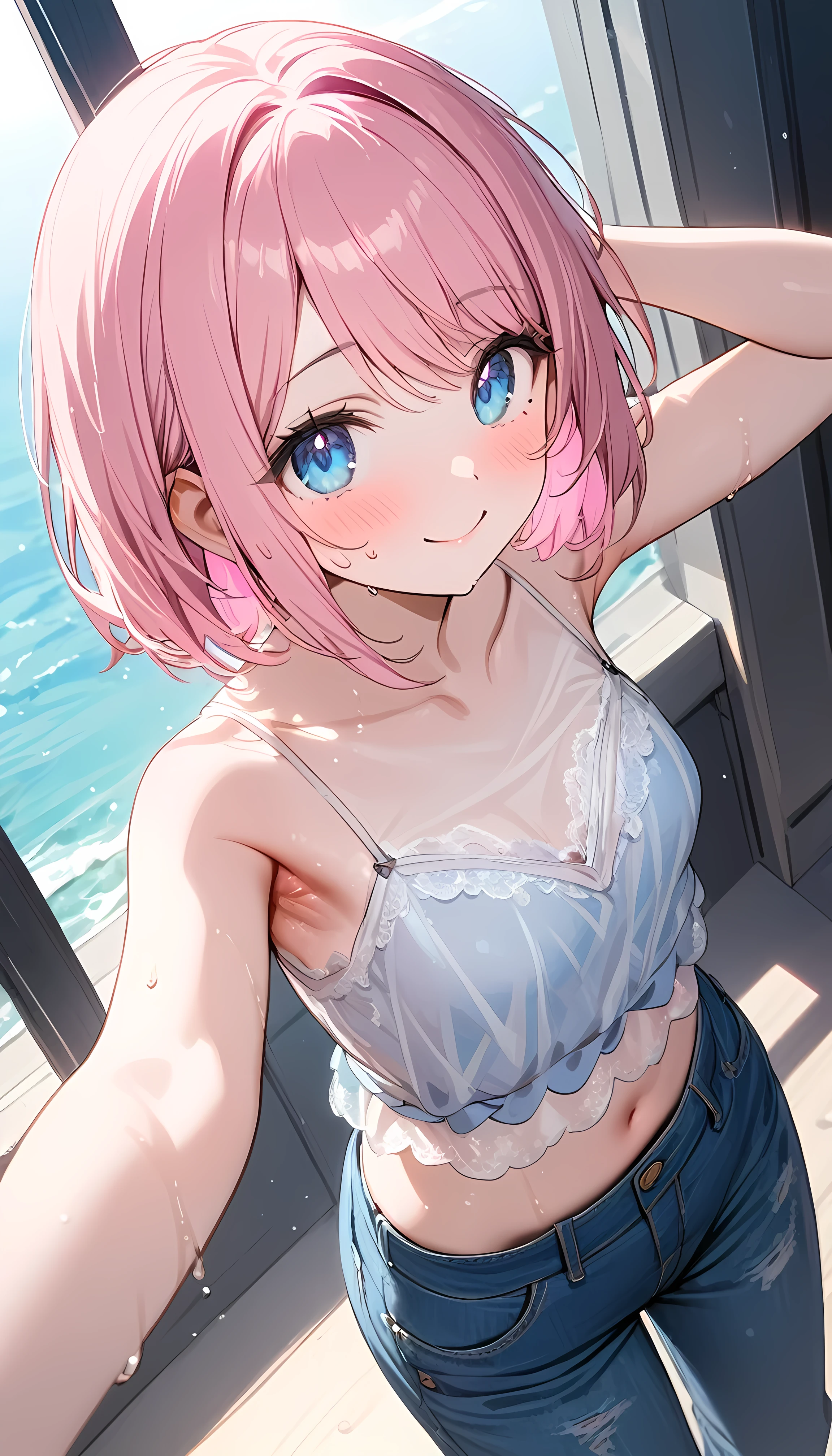 (1 girl),(Best Picture Quality, 8K, Masterpiece:1.3), (high school student:1.5), ((pink lob hair:1.1)), (bob cut),(swept bangs), (cute eyes, pupil black, iris skyblue, youthful face), (mole under right eye), (standard weight), (small breasts), (glistening skin:1.1),(pale skin:1.2),((showing armpits)),(Smile:1.2),((sweat:1.1)),(from above),(morning), BREAK,(Cool and breezy outfit:1.5), (Sheer material blouse:1.4), (Denim pants:1.4), (Layered style:1.4), (Lace camisole inner layer:1.4),