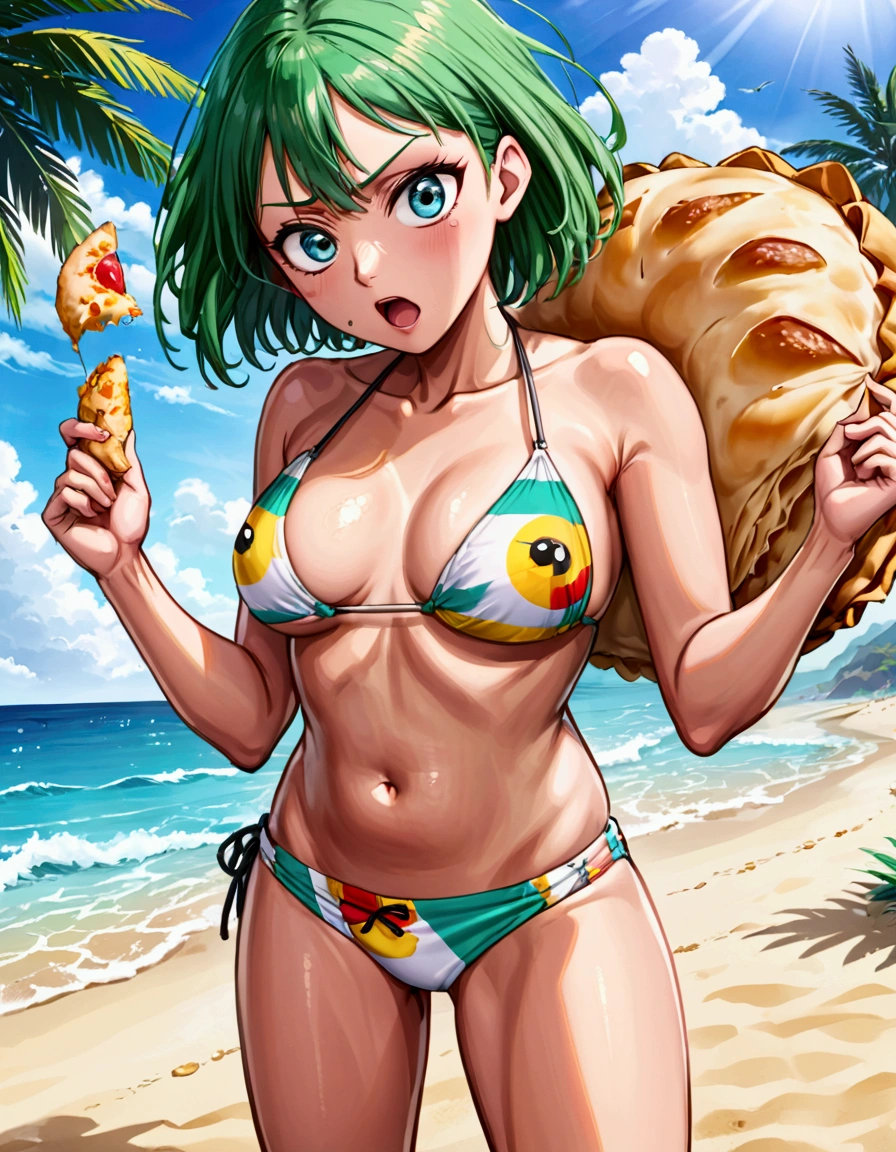 One Punch Man Tatsumaki (hyper realistic, , big eyes, sexy 2 piece bikini) yelling at Saitama (second subject: Saitama, pasty complexion, no shirt, swim trunks, looking confused), beach