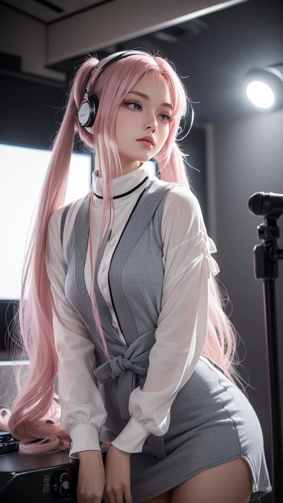 (A photo of a beautiful girl in fashionable casual clothes wearing headphones and singing into a recording microphone in a recording studio was posted on social media.) (The beautiful girl is 17 years old, 18% Japanese, 26% French, and 56% Ukrainian, 178 cm tall, small bust but stylish, with a beautiful, well-balanced figure.) (Her hair is pink ash gray and super long, tied in twin tails with black ribbons, and curls in a spiral toward the tip.) (Her eyebrows are the same color as her hair, thin, slightly thick and short, and her eyelashes are long.) (Her large blue eyes reflect the light of the lighting and are amazingly beautiful like pearls.) (Her nose is high like an English person, her lips are plump and shaped so that you want to kiss them, her skin is translucent white, and the balance between her head and face is in line with traditional Japanese aesthetics.) Her hands should have five fingers. Furthermore, even her nails are drawn very delicately. (Single, Masterpiece, Ultra Detailed, Highest Quality, Artistic Composition, Ultra Precision, Realistic, Photorealistic, High Resolution, Dynamic Lighting Effects, Golden Ratio, Surreal). Try your best to meet all these criteria.