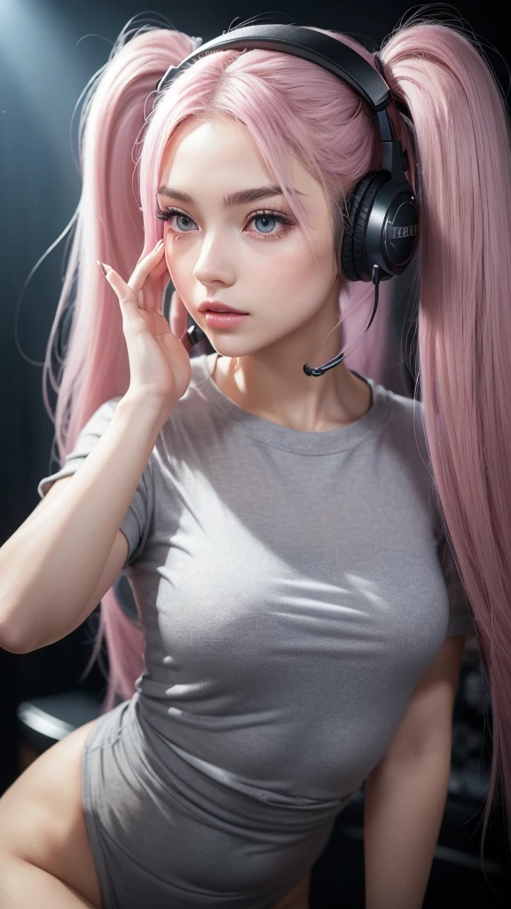 (A photo of a beautiful girl in fashionable casual clothes wearing headphones and singing into a recording microphone in a recording studio was posted on social media.) (The beautiful girl is 17 years old, 18% Japanese, 26% French, and 56% Ukrainian, 178 cm tall, small bust but stylish, with a beautiful, well-balanced figure.) (Her hair is pink ash gray and super long, tied in twin tails with black ribbons, and curls in a spiral toward the tip.) (Her eyebrows are the same color as her hair, thin, slightly thick and short, and her eyelashes are long.) (Her large blue eyes reflect the light of the lighting and are amazingly beautiful like pearls.) (Her nose is high like an English person, her lips are plump and shaped so that you want to kiss them, her skin is translucent white, and the balance between her head and face is in line with traditional Japanese aesthetics.) Her hands should have five fingers. Furthermore, even her nails are drawn very delicately. (Single, Masterpiece, Ultra Detailed, Highest Quality, Artistic Composition, Ultra Precision, Realistic, Photorealistic, High Resolution, Dynamic Lighting Effects, Golden Ratio, Surreal). Try your best to meet all these criteria.