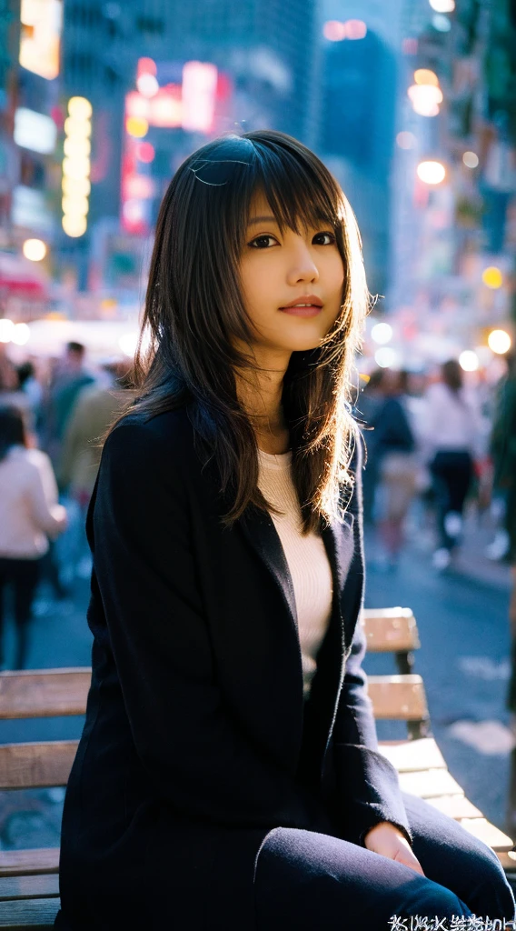 mix4, 20 days, Solo, Long_Hair, Nanase Nishino,plumw, Haruka Kaki, park, bench, Seated, (8K, RAW photography, Best quality, Masterpiece:1.2), (Realistic, Photorealistic: 1.37), Professional lighting, photon maping, Radio City, physically-based renderingt