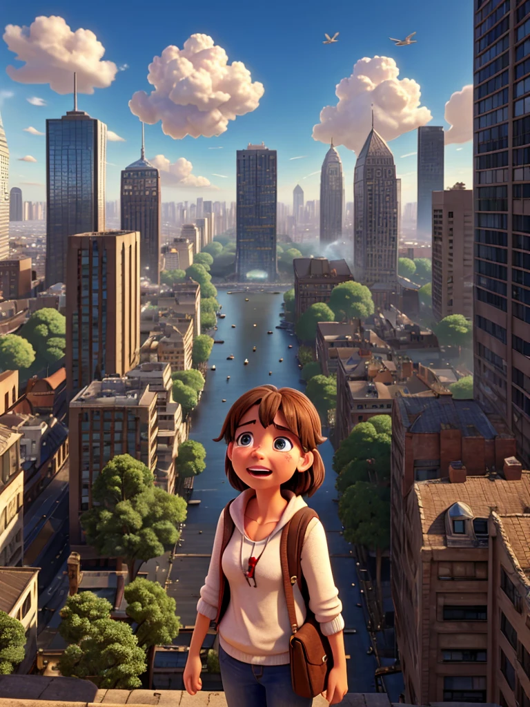 A person crying as the central focus and in the background a city being destroyed by giant birds 