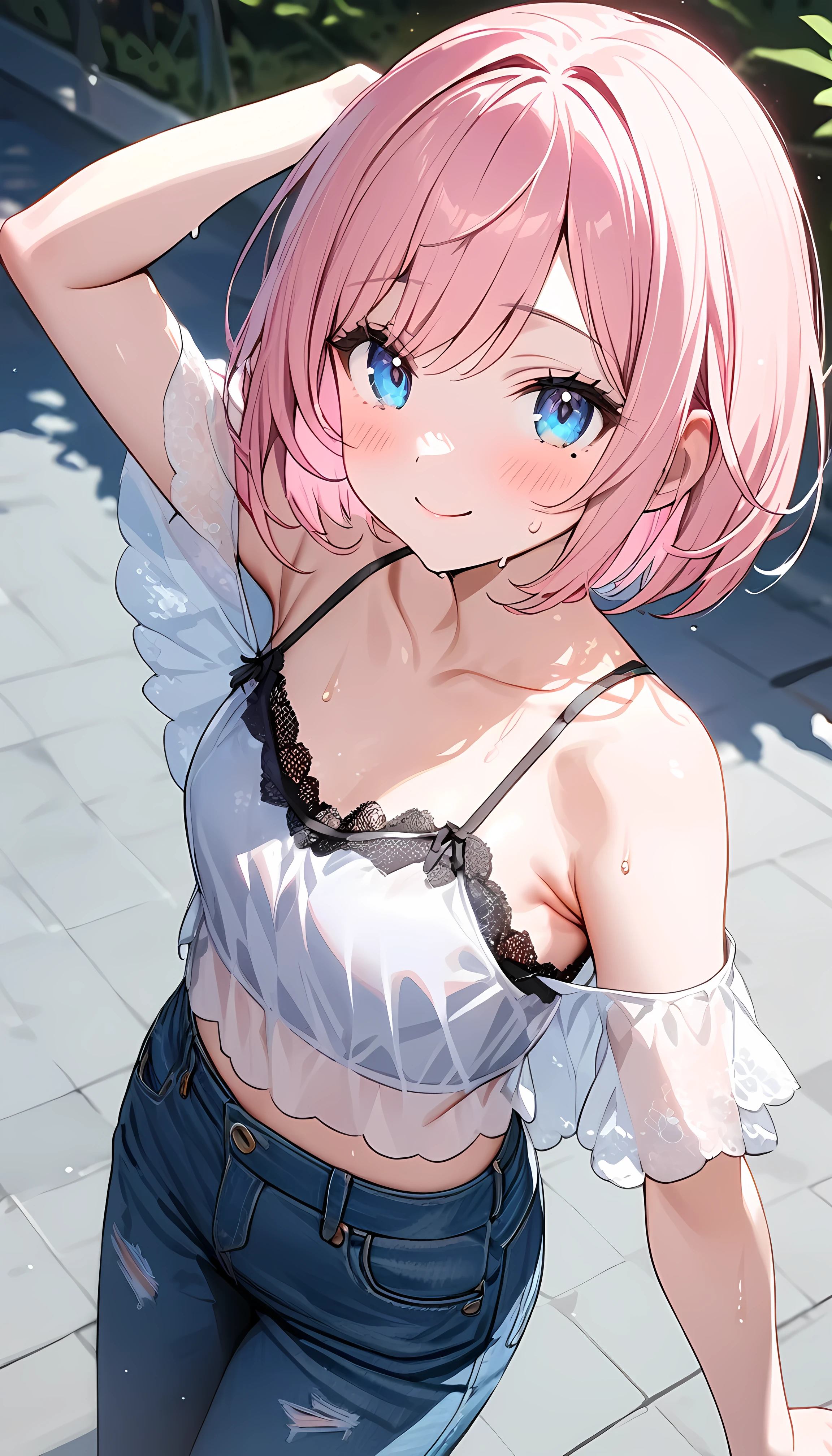 (1 girl),(Best Picture Quality, 8K, Masterpiece:1.3), (high school student:1.5), ((pink lob hair:1.1)), (bob cut),(swept bangs), (cute eyes, pupil black, iris skyblue, youthful face), (mole under right eye), (standard weight), (small breasts), (glistening skin:1.1),(pale skin:1.2),((showing armpits)),(Smile:1.2),((sweat:1.1)),(from above),(morning), BREAK,(Cool and breezy outfit:1.5), (Sheer material blouse:1.4), (Denim pants:1.4), (Layered style:1.4), (Lace camisole inner layer:1.4),