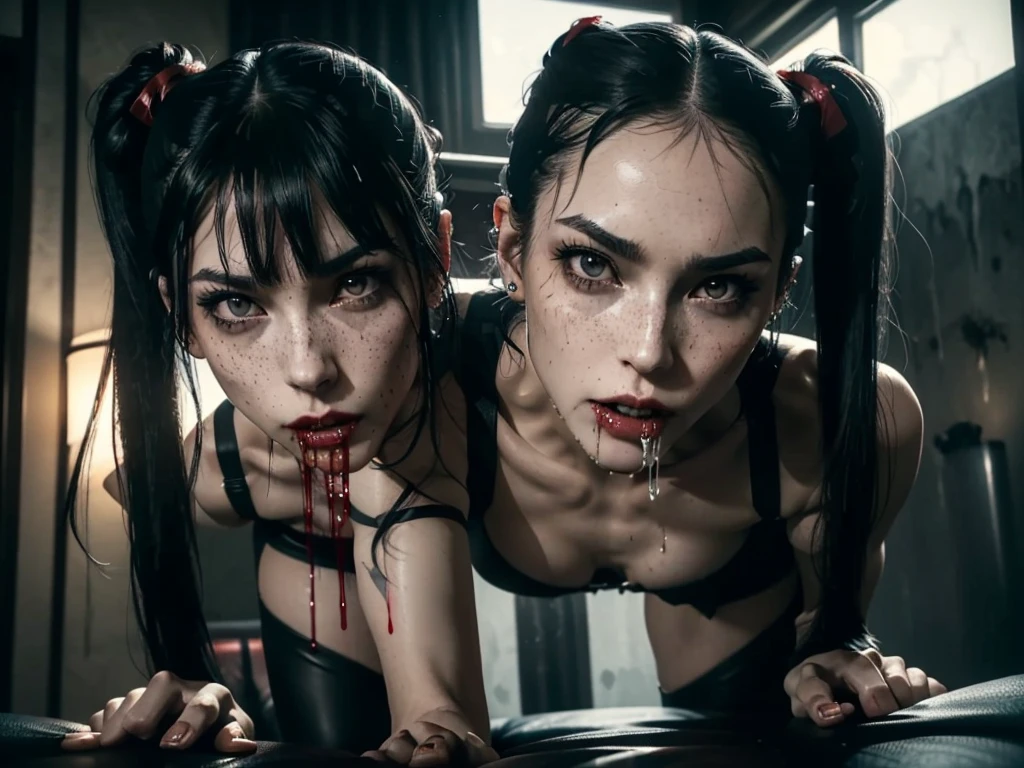 (((red dripping blood))), ((1 female vampire with sharp perfect fangs)), (She is sucking on a man's penis to the hilt), she is biting into a man's penis with her sharp fangs intense, super slutty,, POV imamate insertion, (skintight slutty and revealing bodysuit), helpless and at a giantesses mercy ,the 2 women are looking down at you at their feet, ((POV from a Giantess's soon to be human dildo)), ((skirt/pantyhose)), perfect legs and skinny thighs, pantyhose, ((perfect tight ass)), tight wet pussy, giantess, dread, impending death, sex, domination, ((Perfect eyes and face)), ((closed wet full lips)), ((perfect hands and fingers)), ((( a lot of white cum is dripping out of her pussy))), ((she has a skinny and toned strong body)), ((makeup)), ((freckles)), ((perfect eyebrows)), ((sharper edges)), ((perfect scary grey eyes)), perfect intimidating face, slut, sadistic, predatory, better detail on her skin, perfect face and strong jawline, perfect full wet lips, sadistic atmosphere, wet sweaty skin, more detail, beautiful intimidating grey eyes, ((beautiful horror)), better lighting, more toned muscles, perfect detail on her intimidating eyes, very tight underwear, ((tight pussy)), (((tighter clothing))), slutty, intense, perfect detail, tight and sexy, ((piercings)), skinny, skinny and strong, more skin showing, intense, slutty, freckles, long skinny perfect legs, scary and intense, she is a skinny and toned 25 year old sexy and perfect and intimidating Japanese/American skinny/tone futuristic evil retribuition alice, pale white skin, eye contact, (full tall body is shown), (((hair with short ponytails and bangs))), , perfect face and eyes, she has a skinny and athletic body wearing pantyhose, only her full body is shown above the viewer looking down at him, perfect face, perfect strong jawline, perfect lips, best resolution, perfect bone structure, femdom, she has a skinny and toned young perfect body and legs, tight stockings