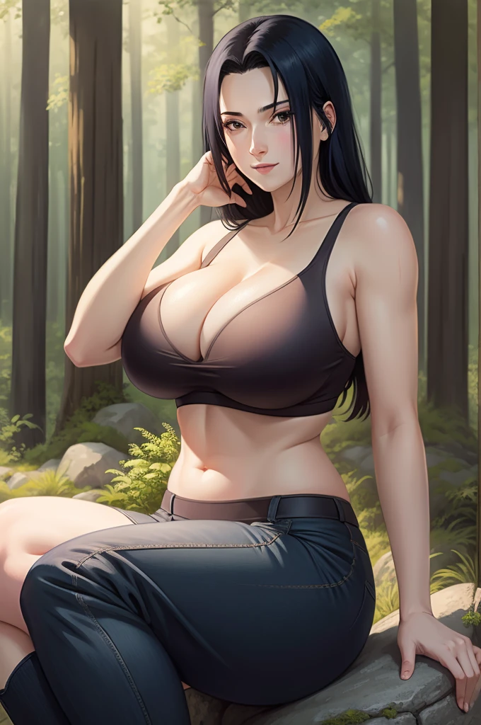 Mikoto Uchiha, oil painting, highly detailed, realistic, portrait, bright colors, soft lighting, (best quality, 4k,8k, height, masterpiece: 1.2), (big round breasts: 1.5), professional, long black hair, eyes black, beautiful detailed eyes and face, very detailed smile, long eyelashes, sitting on a rock, looking towards the viewer, very short top, big butt, bare shoulders, white shorts, outdoors, forest, cowboy shot, collarbone , black bra, black underpants, stocking, sweating, full body 