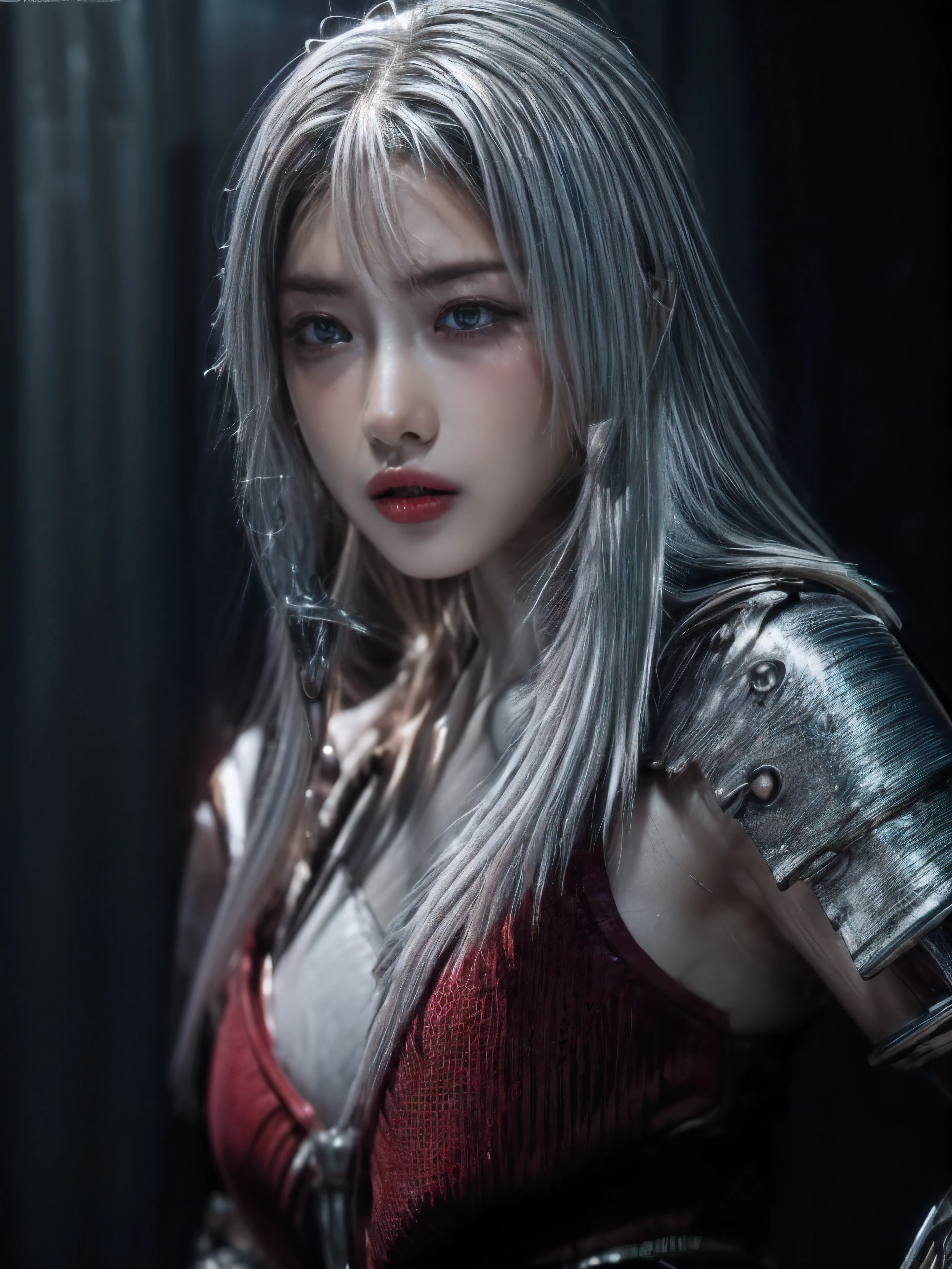 ((Masterpiece)), ((Best Quality)), ((Detailed)), ((Dynamic)), ((vivid)), ((8k)), ((1girl)), ((Japanese woman)), ((age 27)), (((Red Eyes convey, with thick eye shadow and dark circles underneath: 1.3))), ((Mix of seductive and orgsmic Expression)), ((Slender body figure)), ((Pale skin)), ((massive dark, vein-like structures beneath the skin)), ((Messy, ponytail short hair, with a side-swept fringe covering one eye)), ((wears a red alien tentacular armor)), ((the armor has a extremely deep-v and pronounced high-cut, with the neckline plunging to her waist and the high-cut sides revealing most of her thighs and part of her hips)), ((Armor shimmers with a faint, otherworldly glow, skin can be visible beneath the surface)), ((Chest-up), (((silver hair:1.3))), 