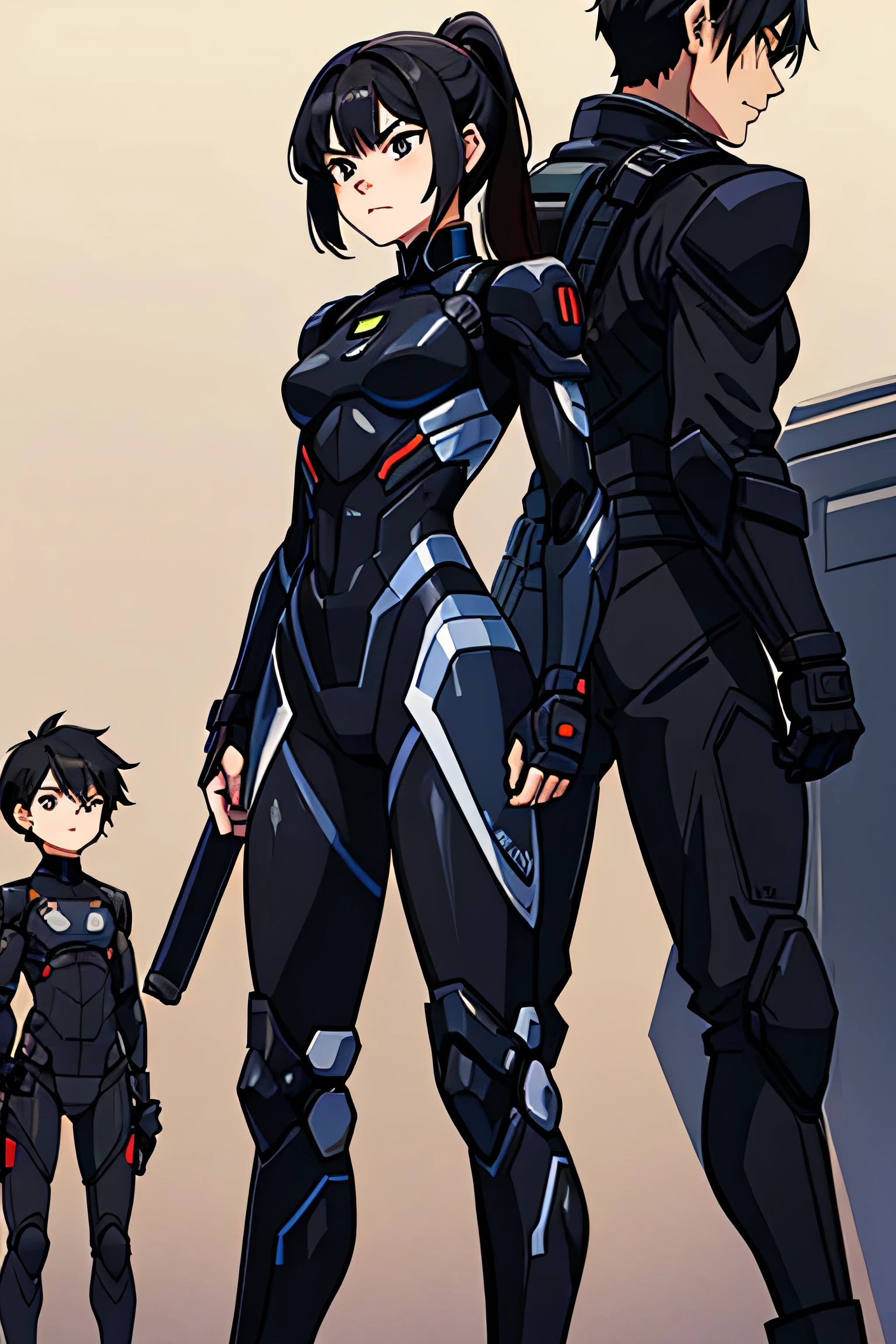 Digital illustration in a manga style, featuring two kids male and female, twin characters male and femele, they have 13-year-old . The layout is dynamic, with the main focus on two characters in the foreground, the two characters are femele y male twins siblings. The character male on the left wears a completely black military technological suit. He has short black hair, black eyes and is 1.65 tall. He has a angry expression as the character on the right, a girl with medium-length brown hair tied in a ponytail, She is wearing the same black military technological suit that her brother. She has black hair, black eyes and is 1.54 tall. The background it's a blank place. The illustration is colorful and detailed, capturing a moment of tension and interaction between the two characters. Both characters have Asian features. the characters are standing, full length image