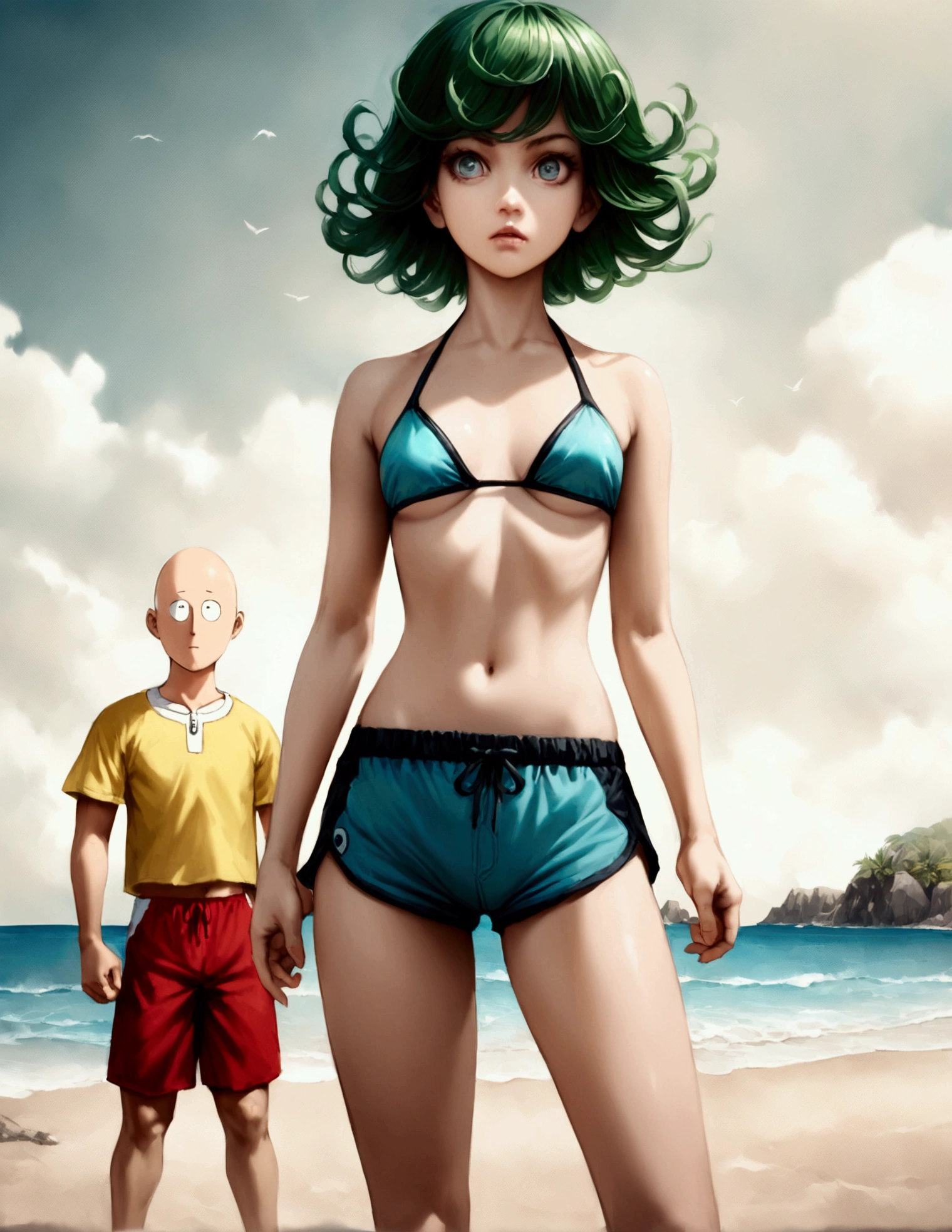 One Punch Man Tatsumaki (hyper realistic, , big eyes, sexy 2 piece bikini) yelling at Saitama (second subject: Saitama, pasty complexion, no shirt, swim trunks, looking confused), beach