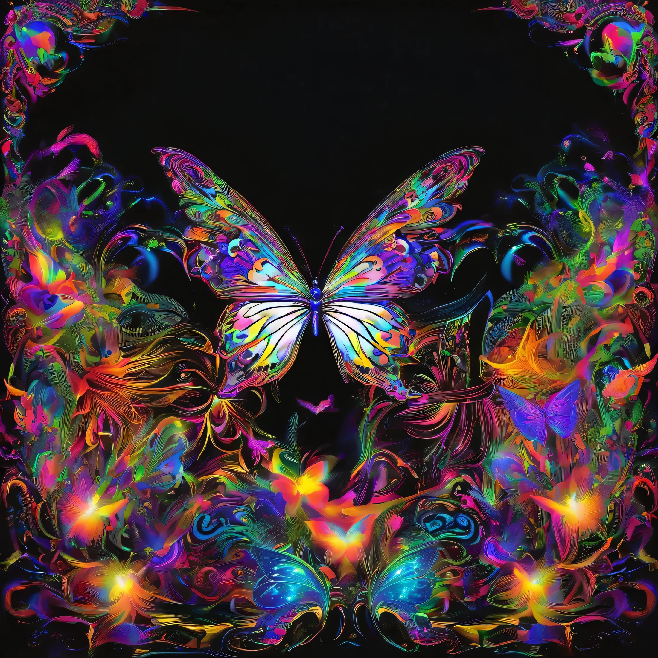 (Black light art:1.4),butterflys,Close-up enhancement,eyes very focused,glowing effect,high saturated,hight contrast,vibrant with colors,mysterious hallucination,hyper realisitc,ultra real photo,ultra - detailed,ultraclear,hyper-detailing,tmasterpiece