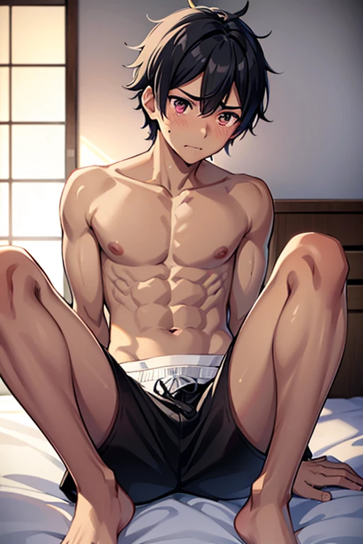 Tanned skin、Male college student、1 Japanese boy、Shoesless、Shirtless、Black shorts、Facing forward、Length 180cm、High resolution、Very detailed、On his bed、Mature cute face、Embarrassed look、Messy hair、Being sick in bed、Being caught a cold、Realstic colar、Mole under eye