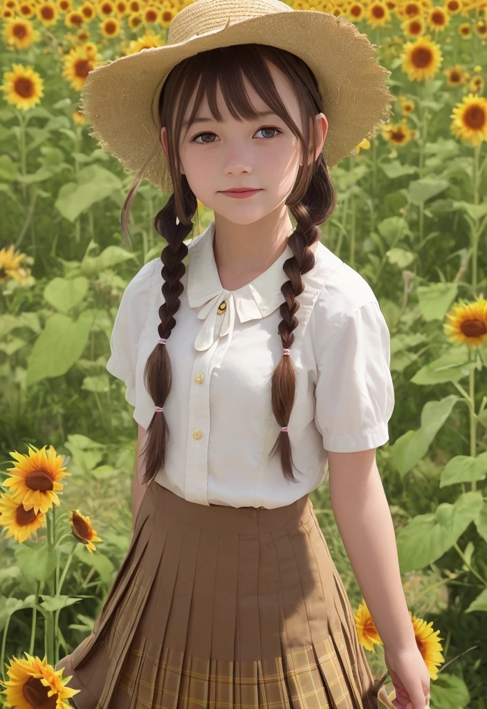 1girl, flower, hat, sunflower, solo, outdoors, field, school uniform, braid, holding clothes, twin braids, flower field, straw hat, skirt, serafuku, realistic, sailor collar, day, brown hair, smile, short sleeves, white shirt, shirt, brown eyes,  long hair, black hair, twintails, looking at viewer, pleated skirt, neckerchief, standing, yellow flower