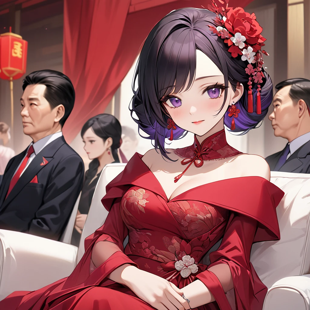 ((Highest quality)), ((masterpiece)), (detailed), （Perfect Face）、The woman is a Chinese woman named Kocho Shinobu.。, Purple gradient bob black hair and formal evening hairstyles. She is wearing an engagement ring. She is a prominent member of the Chinese Communist Party.、She is the wife of a great old Communist Party official.。.、A woman is wearing a gorgeous red wedding dress、She had a loving wedding with a dignified elderly Communist Party official.。