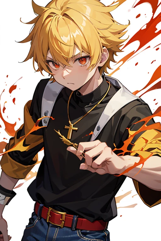 Taiga Akatora from Camp Buddy, boy, 16 years old, spiky blonde hair with flaming yellow highlights and red eyes, black shirt with green stripe, necklace with a gold cross, blue jeans, light black belt, profile looking directly at the viewer, white background. .. .