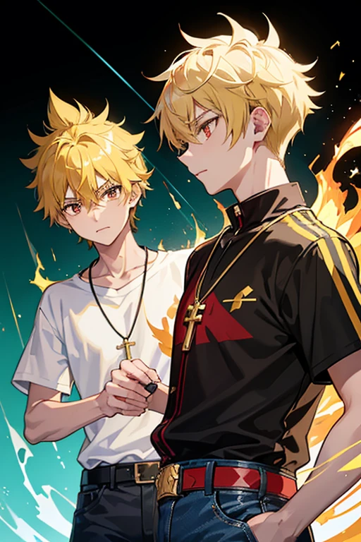 Taiga Akatora from Camp Buddy, boy, 16 years old, spiky blonde hair with flaming yellow highlights and red eyes, black shirt with green stripe, necklace with a gold cross, blue jeans, light black belt, profile looking directly at the viewer, white background. .. .
