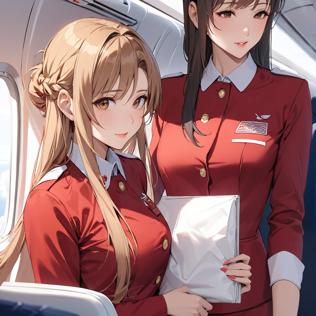 ((Highest quality)), ((masterpiece)), (detailed), （Perfect Face）、The woman is a Chinese flight attendant for Air China, named Yuuki Asuna, with light brown, medium-long hair.、The woman is wearing the red uniform of an Air China flight attendant.
