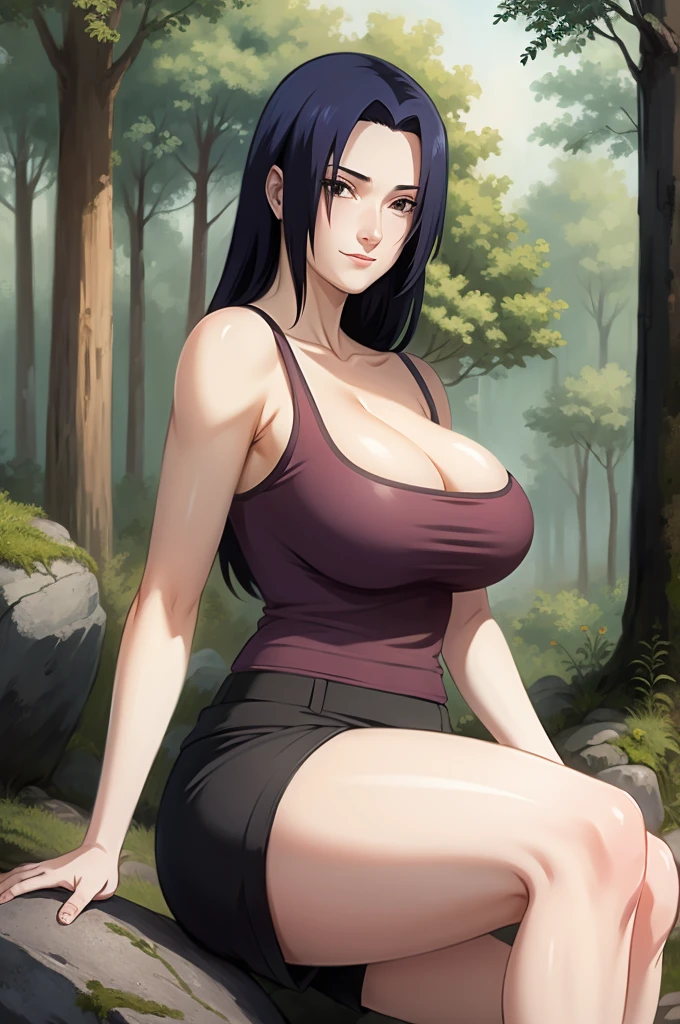 Mikoto Uchiha, oil painting, highly detailed, realistic, portrait, bright colors, soft lighting, (best quality, 4k,8k, height, masterpiece: 1.2), (big round breasts: 1.5), professional, long black hair, eyes black, beautiful detailed eyes and face, very detailed smile, long eyelashes, sitting on a rock, looking towards the viewer, very short top, big butt, bare shoulders, white shorts, outdoors, forest, cowboy shot, collarbone, black top showing her cleavage, black short skirt, full body, sweating 