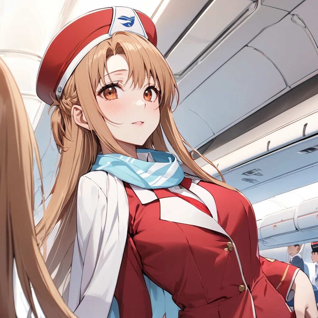((Highest quality)), ((masterpiece)), (detailed), (Perfect Face)、The woman is Yuuki Asuna, a flight attendant for Shandong Airlines, a Chinese woman with light brown, medium-long hair.、The woman is wearing a red Shandong Airlines flight attendant uniform, a uniform scarf and a uniform hat.、She is wearing the bright red uniform that is so typical of China.
