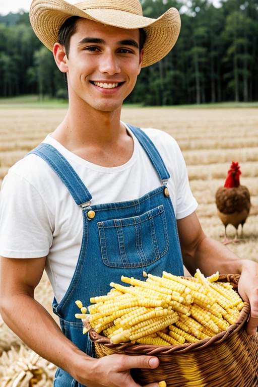 Young handsome cute beautiful face white skinny shirtless overalls winged bottons of his grandmother humble ranch hat holding in her hand basket of corn feeding corn to many hens ,specific