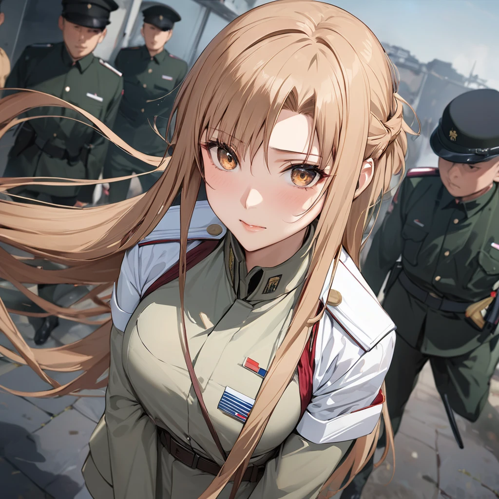 ((Highest quality)), ((masterpiece)), (detailed), （Perfect Face）、The woman is Yuuki Asuna, a Ground Self-Defense Force officer, standing with light brown, semi-long hair wearing the uniform of the Japanese Ground Self-Defense Force.