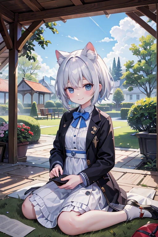 anime style, super fine illustration, masterpiece,best quality,highly detailed, dynamic angle, beautiful detailed, 8k,detailed background, Summer afternoon in the garden, BREAK A white cat girl smiles as it peeks out of a box. BREAK A shower of sprinklers pours down. BREAK A rainbow appears in the sky.Break 1girl,short hair,army jacket,