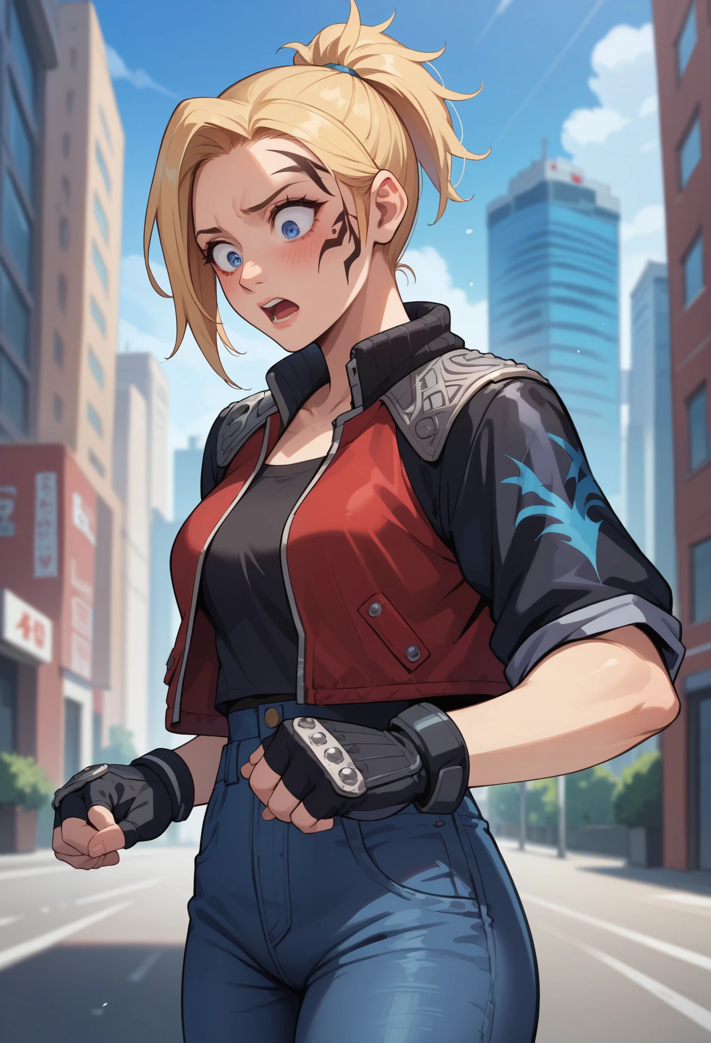 score_9, score_8_up, score_7_up, 1girl,  female focus, solo, zell, solo, blue eyes, gloves, jacket, blonde hair, long hair, medium ponytail, tattoo, gloves, facial tattoo, red jacket, black jacket, two-colours jacket, black shirt, fingerless gloves, denim, standing, stiff hands, shocked face, blushing, nervous, shaking, open mouth,looking down, city,