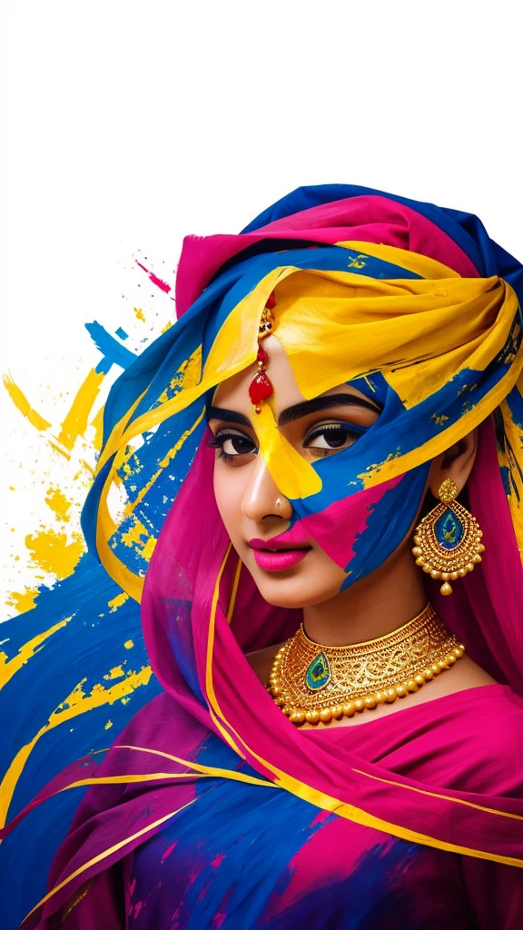 Can you make an abstract painting of a Pakistani girl half painting showing a Pakistani girl faceless and in a traditional dress and the female is wearing jewelry, expose that jewelry and the jewelry design should be in details with pure gold, you can make it faceless but colored and it should be an abstract painting