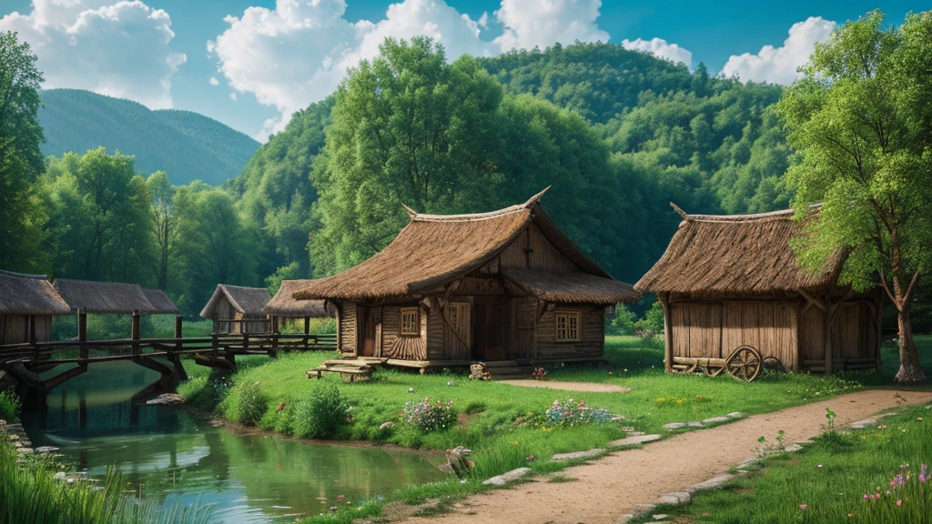 Belarusian ancient village, mystical nature, Rivers, Mountains and forests, waterfall, cloud, Photorealistic photos, It&#39;s not 8k. Aerial view.