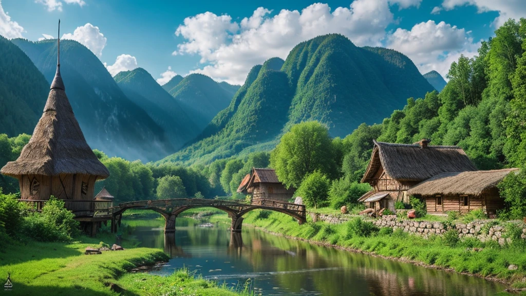Belarusian ancient village, mystical nature, Rivers, Mountains and forests, waterfall, cloud, Photorealistic photos, It's not 8k. Aerial view.