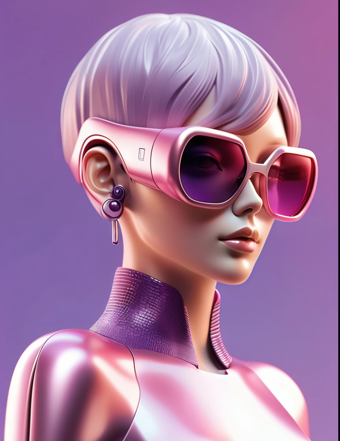 3D illustration of the whole body and face of an artificial intelligence model wearing futuristic glasses, Stylish sunglasses,Gradient Background, Pastel Color Palette, Purple-pink, Simplicity, Cold metal texture, Surrealism, Earrings, Perm