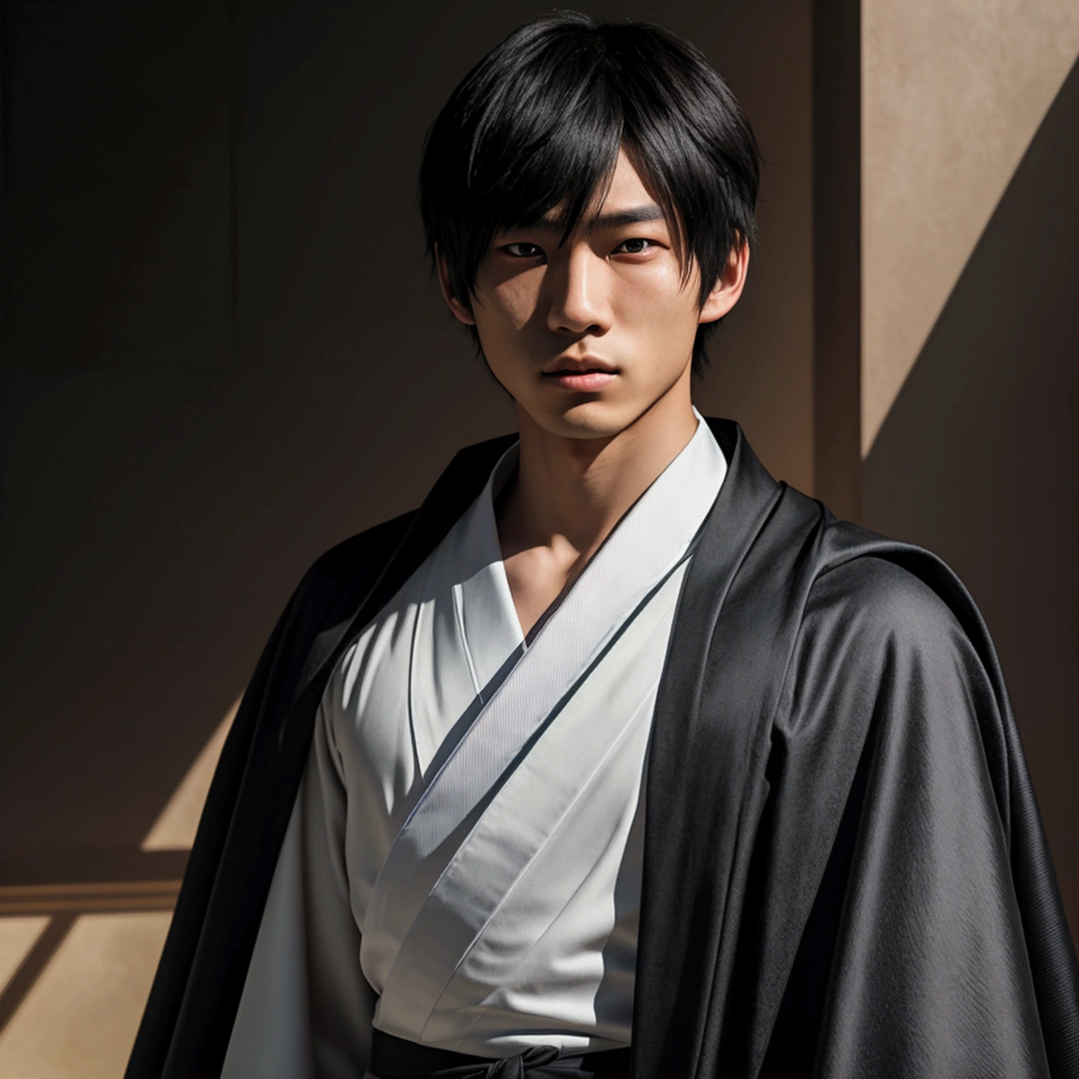 a young Japanese man of eighteen years of age with a razualvemte full physique, have fair skin, His eyes are blue and his hair is copper with a fringe covering part of his eye on the left side., one eye covered by bangs, the young man is six feet tall and two centimeters tall, and wears a white kimono with a black cape and has a strong look. captured in an ultra-realistic full HD 4K portrait, detailed texture showing its menacing shape, Immersive atmosphere, high definition shadow play, digitalpainting, nevoa no environment.
