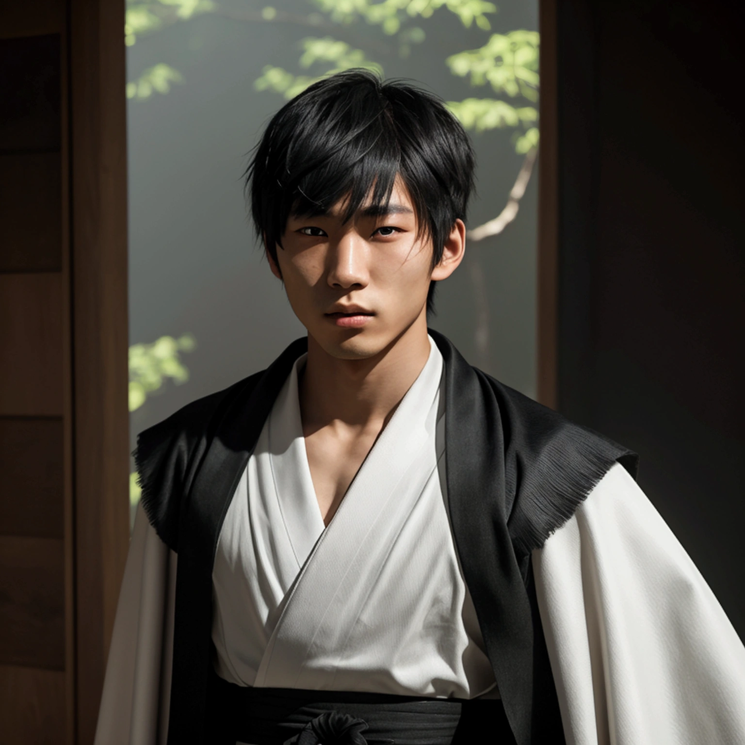 a young Japanese man of eighteen years of age with a razualvemte full physique, have fair skin, His eyes are blue and his hair is copper with a fringe covering part of his eye on the left side., one eye covered by bangs, the young man is six feet tall and two centimeters tall, and wears a white kimono with a black cape and has a strong look. captured in an ultra-realistic full HD 4K portrait, detailed texture showing its menacing shape, Immersive atmosphere, high definition shadow play, digitalpainting, nevoa no environment.
