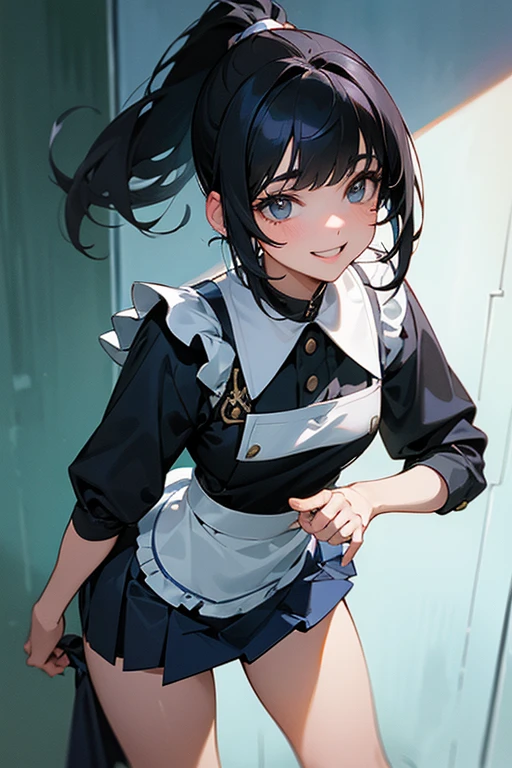 (Highest Resolution, clear_image) Highest quality, single, One Woman, alone, masterpiece, Very detailed, Semi-realistic, Black Hairのショートヘア, Black Hair, bangs, 18-year-old, mature, light blue uniform, uniform, Indoor Background, kind, Authoritative, Powerful, exquisite features, exquisite features、Eyelashes become longer、Showing teeth、smile😀、Maid clothes、ponytail、((mini skirt)).