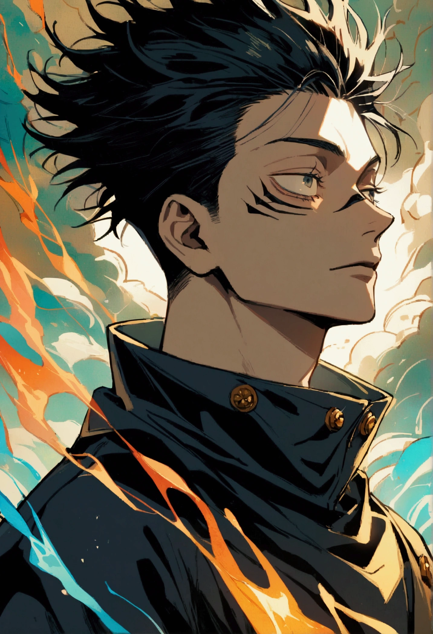 (1 guy,jujutsu kaisen),  flat black hair, timid looking, diamond patchwork on outfit, artwork
