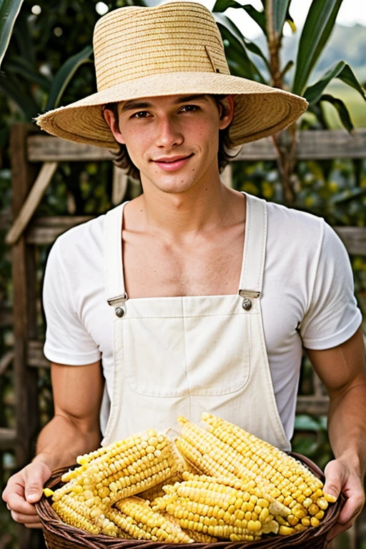 Young cute handsome face beautiful white skinny soft skin shirtless naked big penis picking peach fruit in basket hat