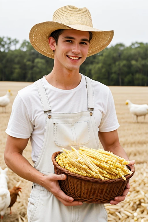 Young handsome cute white skin smooth skinny beautiful face shirtless In a corn field picking corn in a basket holding in his hand cute bare butt big penis hat