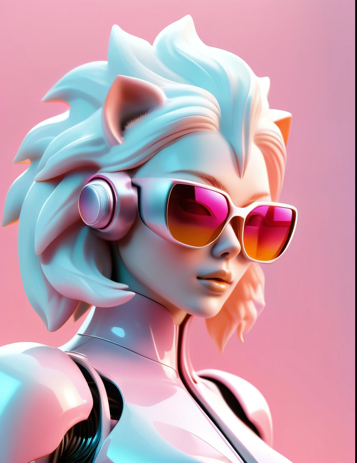 3D illustration of the whole body and face of an artificial intelligence model wearing futuristic glasses, Stylish sunglasses,Gradient Background, Pastel Color Palette, Pink White, Simplicity, Cold metal texture, Surrealism, Earrings, Perm, chest:2, Lion