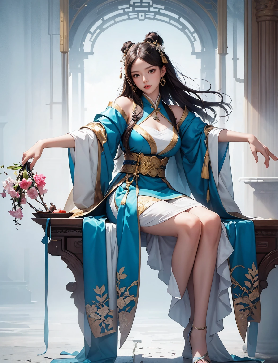 A beautifully asian female character in a flowing, elaborate hanfu. She has long, dark hair adorned with flowers and gold accents, and her attire is hanfu which features soft pink and white colors with intricate patterns. Her dress is designed with billowing sleeves and ribbons that swirl elegantly around her. (((Sexy pose))), sitting on the ground with her arms outstretched, high detailed official artwork, onmyoji portrait, full body xianxia, anime woman fullbody art, character artwork, full art, full - body artwork