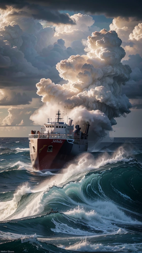 a Portuguese ship sailing through the famous dangerous Cape of Good Hope, with a great storm and high waves, cinematic lighting, dramatic sky, crashing waves, detailed ship, realistic ocean, 4k, high quality, photorealistic