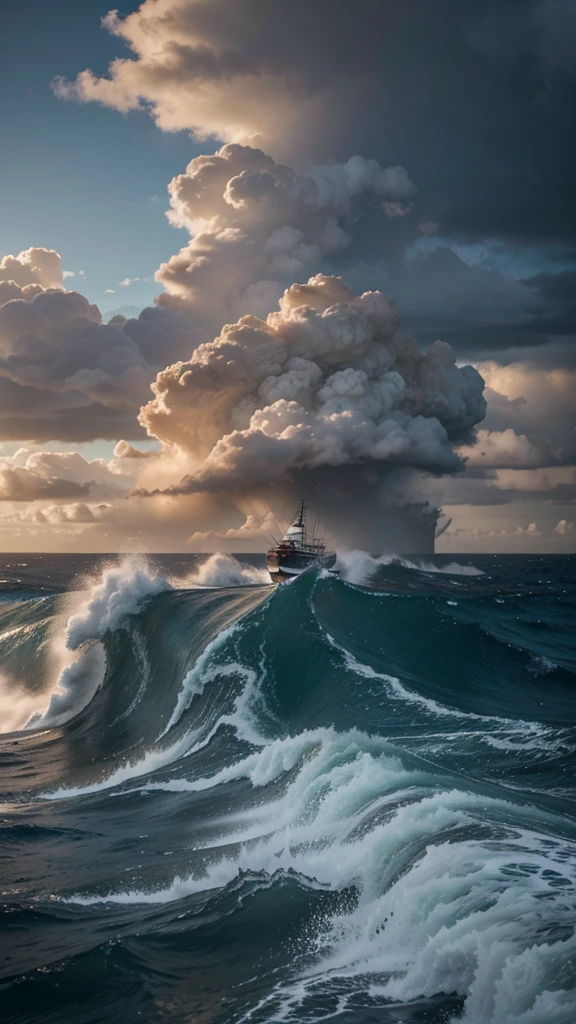 a Portuguese ship sailing through the famous dangerous Cape of Good Hope, with a great storm and high waves, cinematic lighting, dramatic sky, crashing waves, detailed ship, realistic ocean, 4k, high quality, photorealistic
